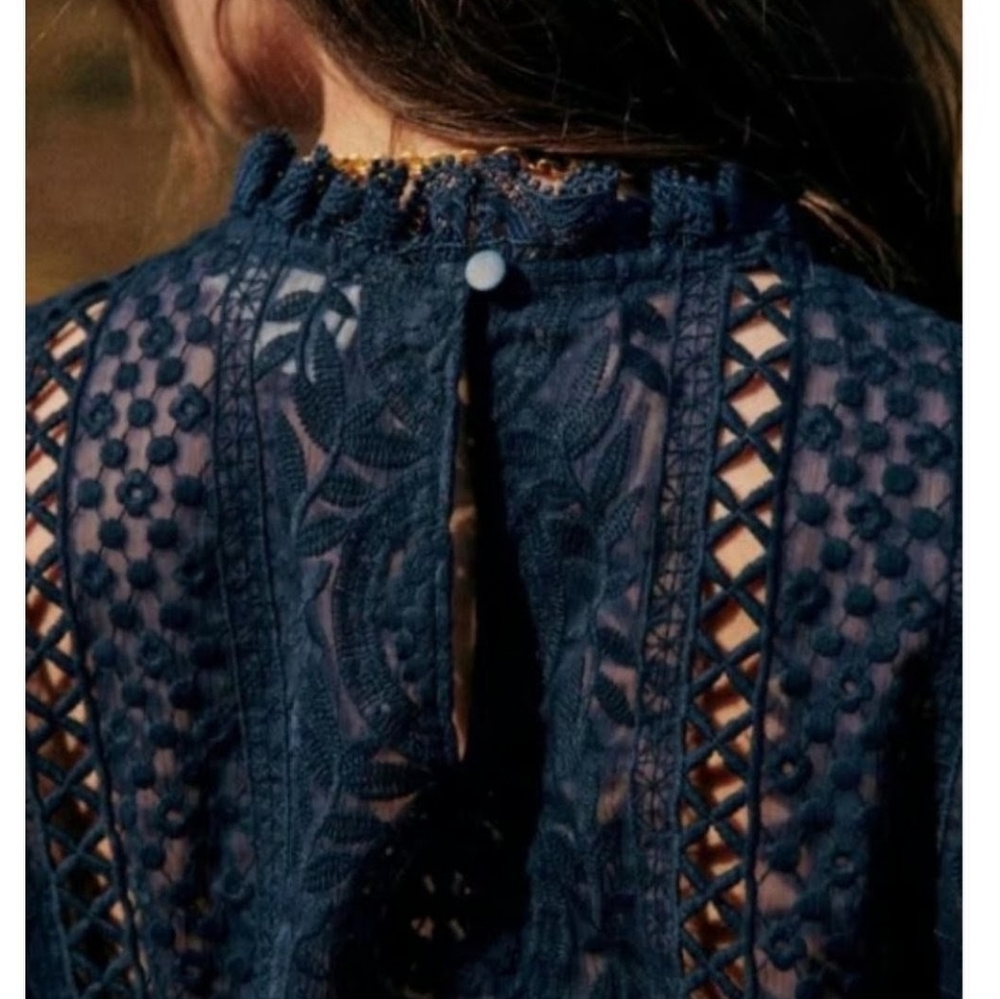 RARE Sezane Navy Lace Long-Sleeve Blouse - Picture 4 of 12
